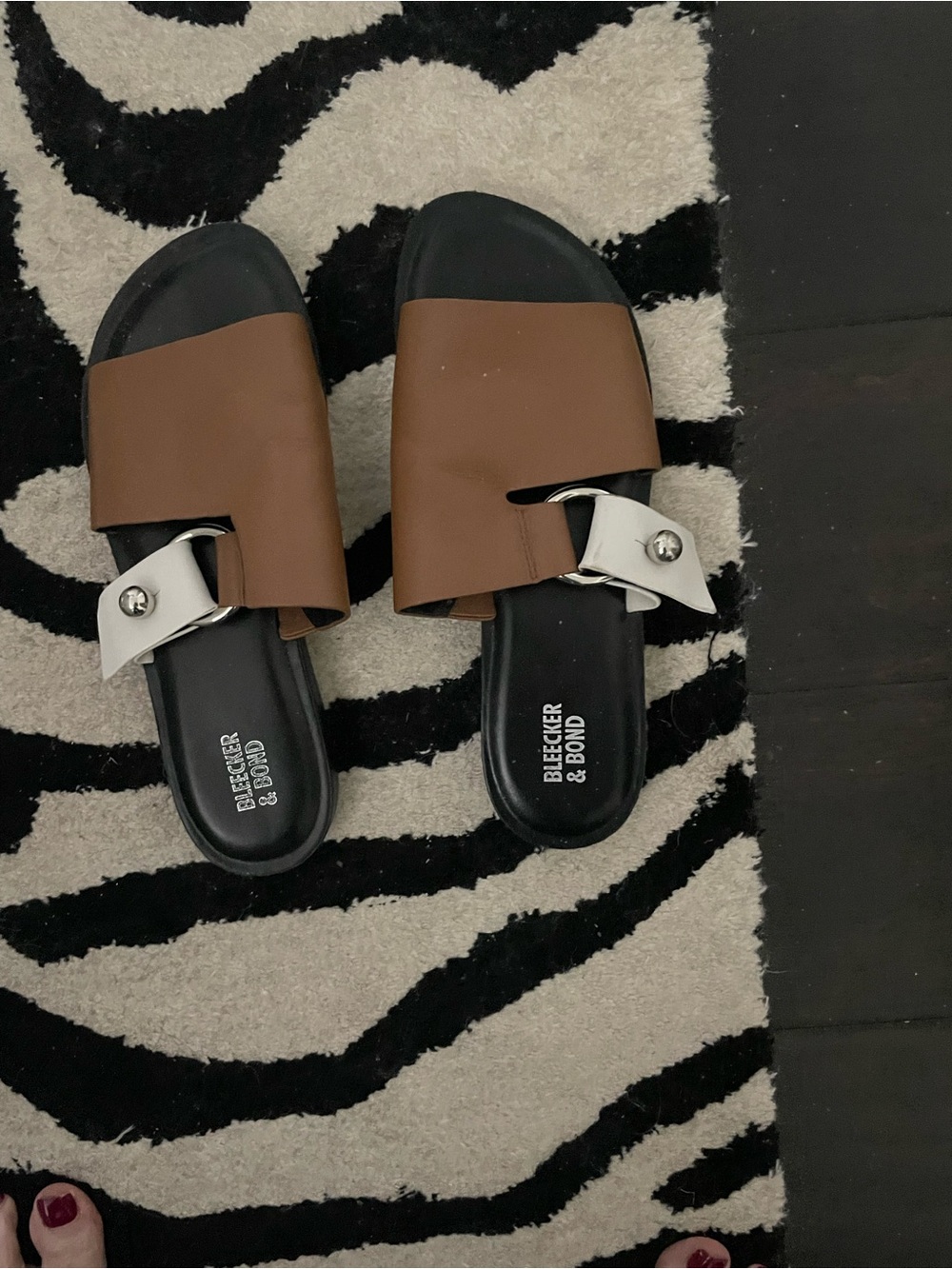 Brown and off white Slide Sandals with Silver Accent size 9.